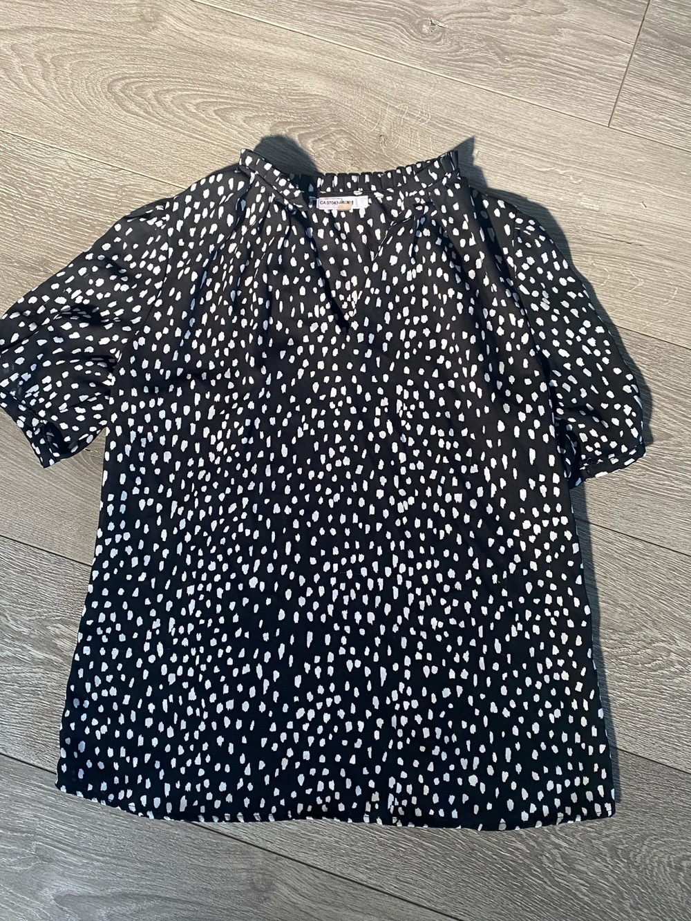 Sioni Black with White Spot Ruffle-Neck Top Blouse